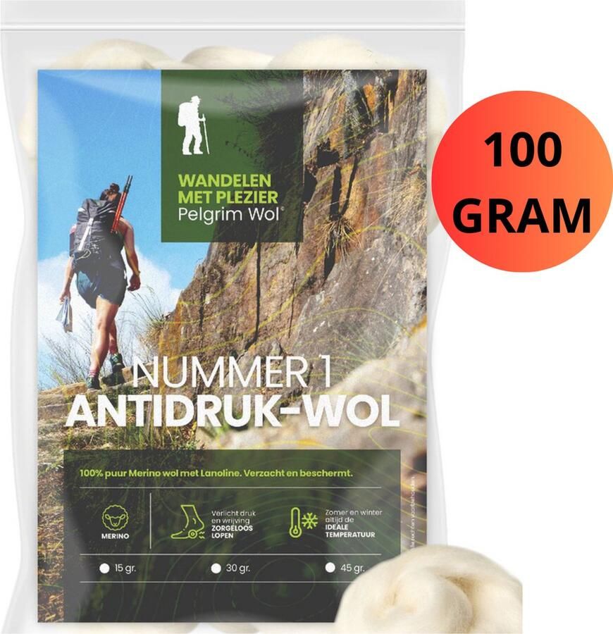 Pelgrim Wol 100 GRAM Nummer 1 Antidruk Wol Wandel met Wol voor Voeten 100% Merino Voetwol Teenspreider Voorkomt Blaren Likdoorns Pieterpad Bij Hallux Valgus Optimaal Comfort