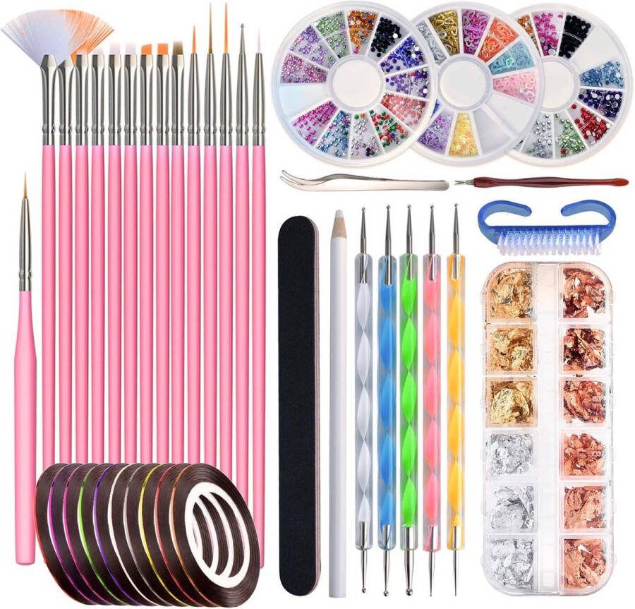 Penseel voor gelnagels 50 stuks gelnagelaccessoires bevat 15 stuks nail art kwasten 12 potjes foliestickers 10 manicuretapes 5 punteerstiften en 3 sets nail art strassstenen