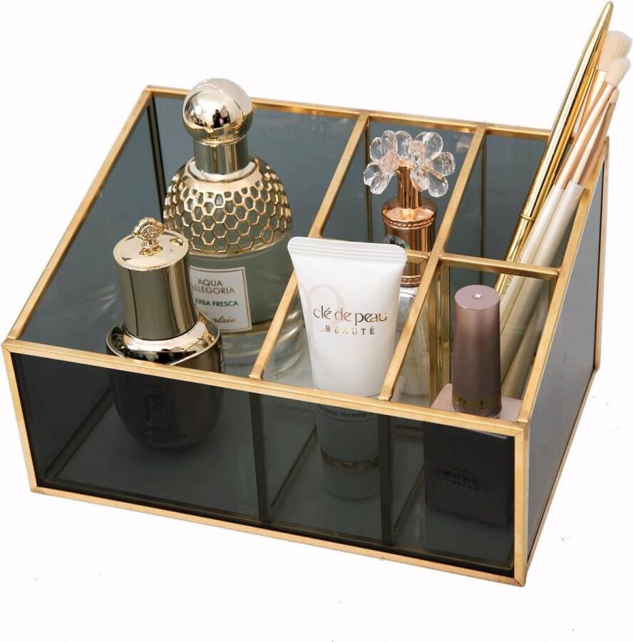 Penseelhouder goud 5 vakken Beauty Organizer Tray Vintage make-up kwast opbergen metaal & glas cosmetische organizer make-up organizer voor nagellak lippenstiften cosmetische kwasten
