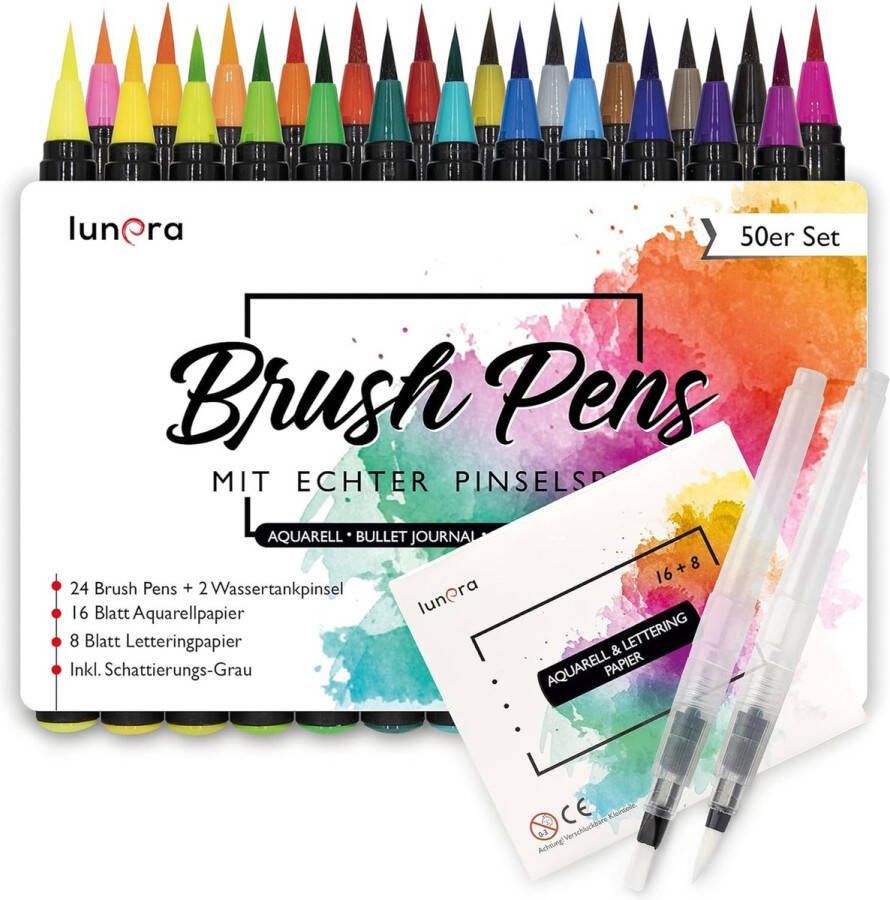 Penseelstiften set van 50 stuks 24 aquarelkleuren 8 letterpapier + 16 aquarelpapier 2 watertankpenselen echte penseelpunt voor aquarel bullet journal en kalligrafie