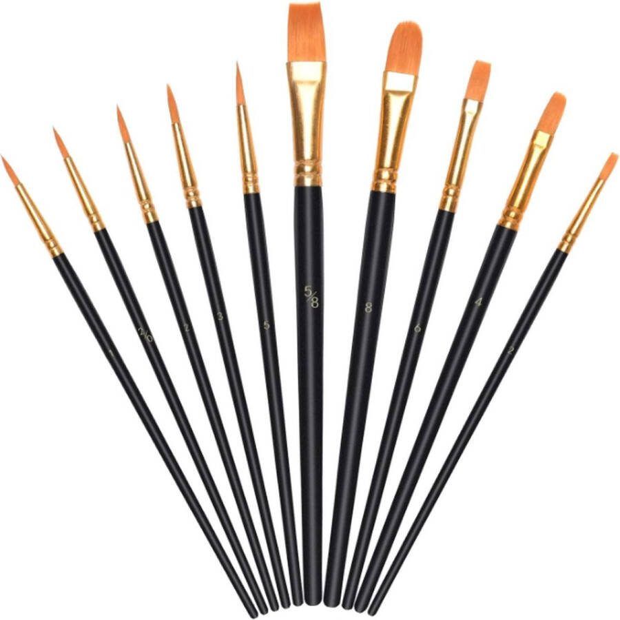 Penselen 10 Stuks Nylon Penselen Kunstenaarspenselen Set van Acryl Waterverf en Olieverf voor Beginners Volwassenen Kinderen Kunstenaars en Schilderliefhebbers (Zwart (9st))