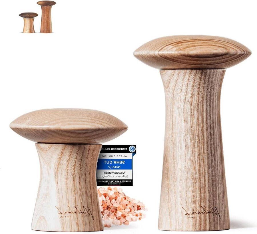 Peper en Zoutmolen FSC-hout 15 cm handmatige kruidenmolen cadeau-idee Kerstmis essenhout paddenstoelvorm