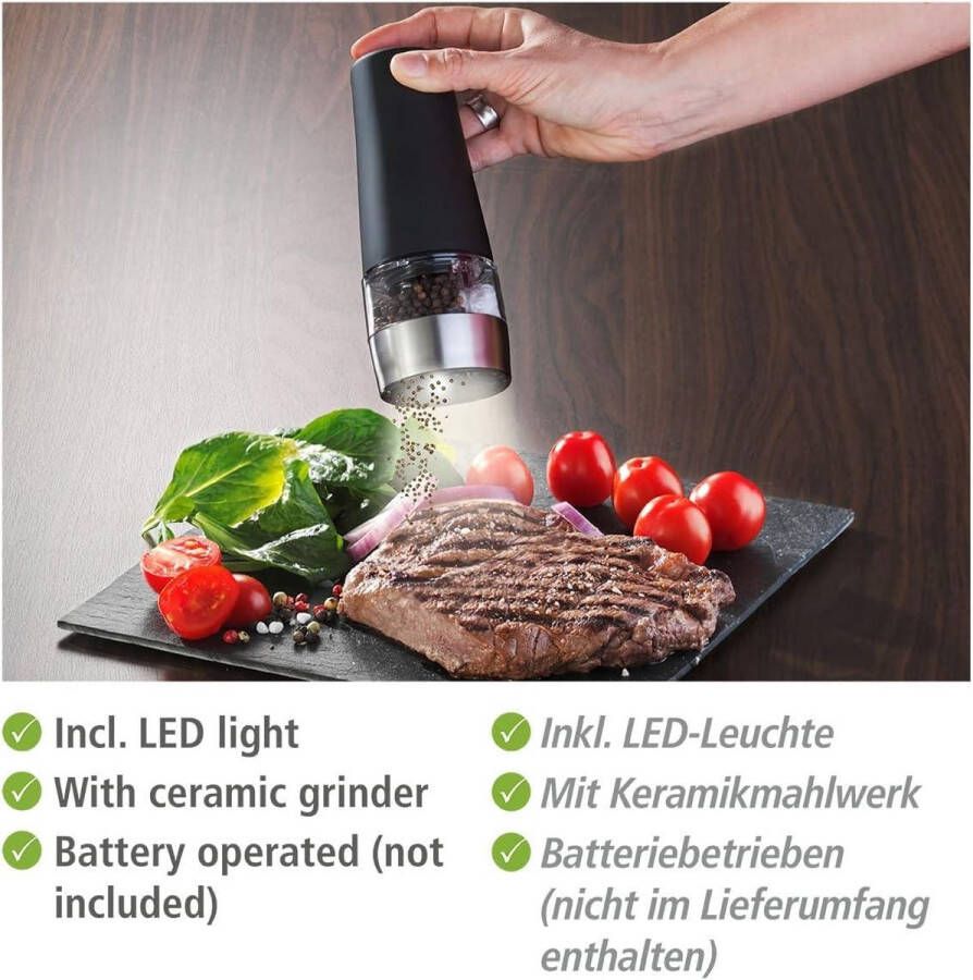 Peper en Zoutmolen Outdoor Kitchen-kruidenmolen met ledverlichting en keramisch maalmechanisme bediening met druk op de knop 7 × 175 × 6 cm