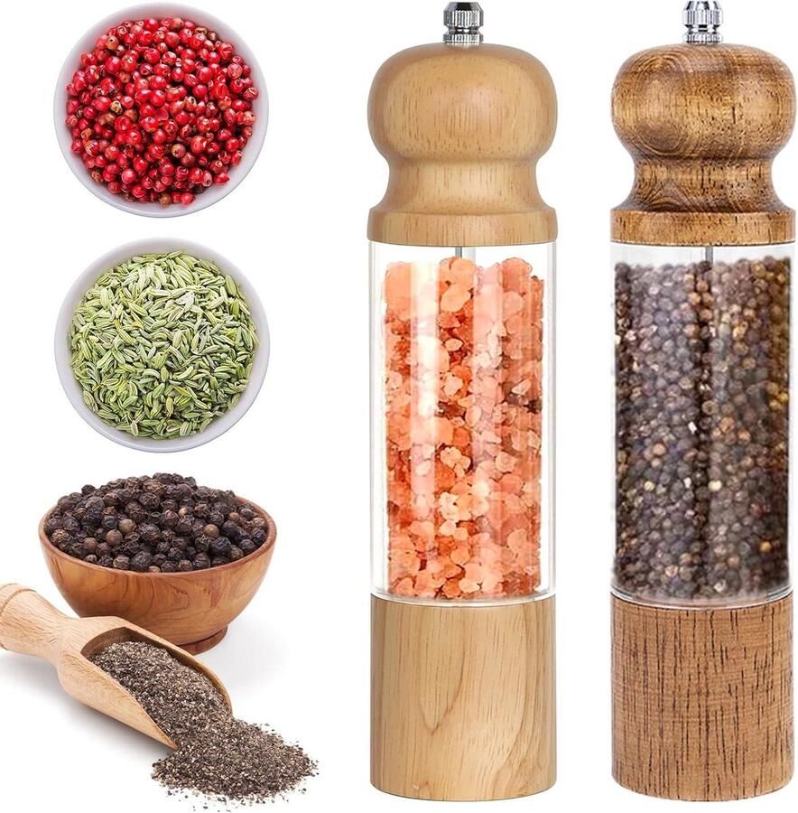 Peper en Zoutmolen Set van 2 in Hout Multifunctionele Keukenhulp Chilimolen Kruidenmolen Keramische Molen 20 cm Retro Kleur