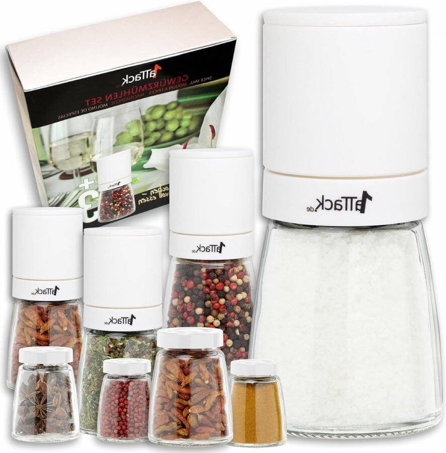 Peper en Zoutmolen Set van 4 met Verstelbare Keramische Molen Chili 8 Stuks 4 Molens en 4 Glazen Zonder Kruiden 140ml Wit Handmatige Peper- en Zoutmolen