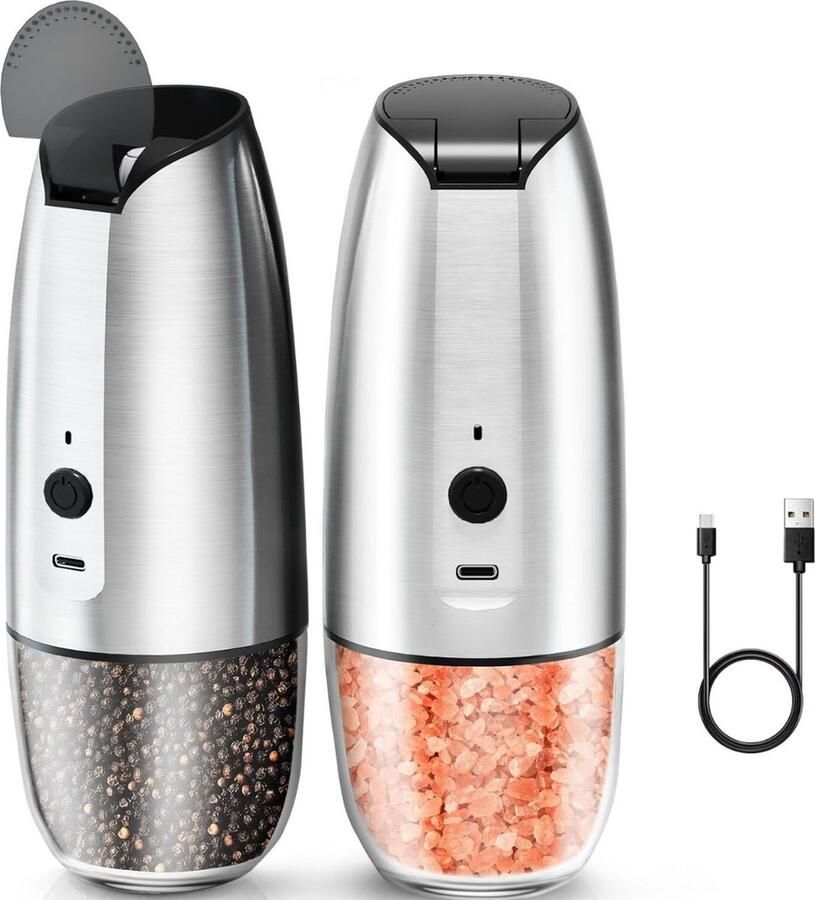 Peper- Zoutmolen Set Elektrisch Oplaadbaar Kruidmolen Hervulbaar Led Licht Zilver
