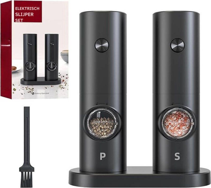 Peper- Zoutmolen Set Elektrisch Oplaadbaar Kruidmolen Inclusief Borstel Zwart
