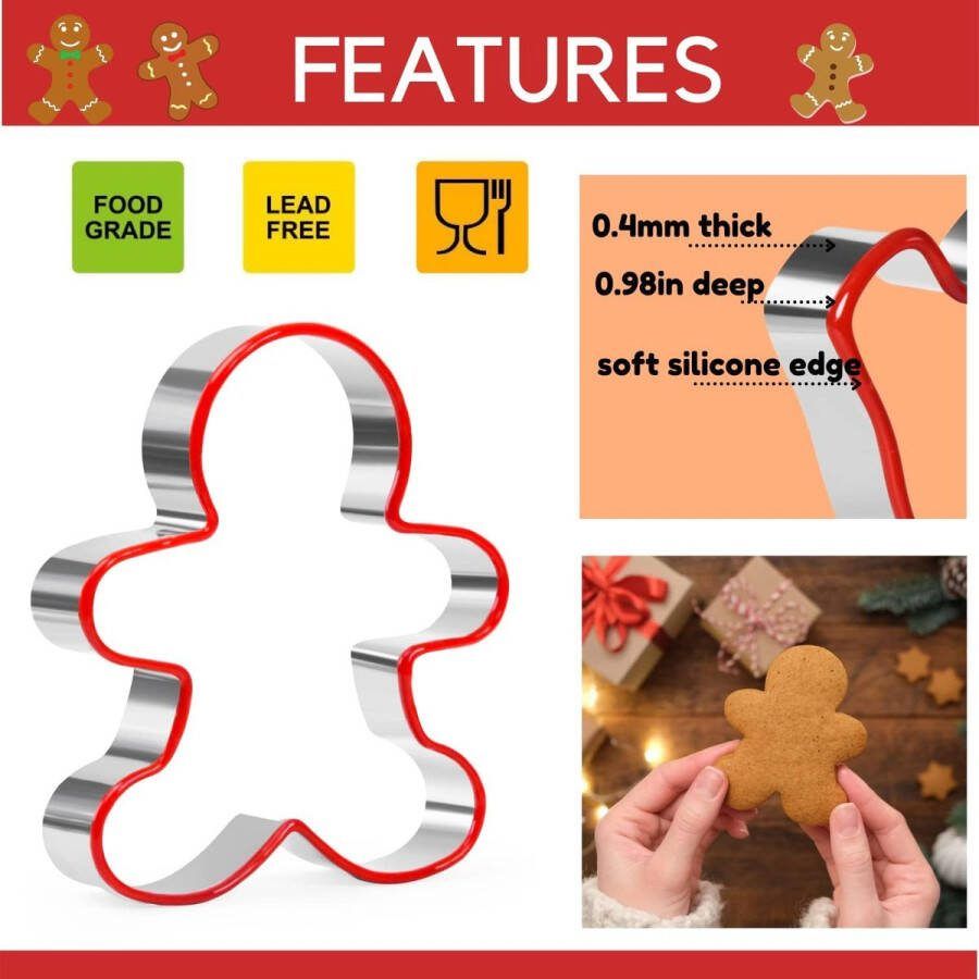 Peperkoek Man Cookie Cutters Set 3 STKS Peperkoek Man Biscut Cutters Set RVS Kerst Cookie Cutters met Rode Milieu PVC Rand