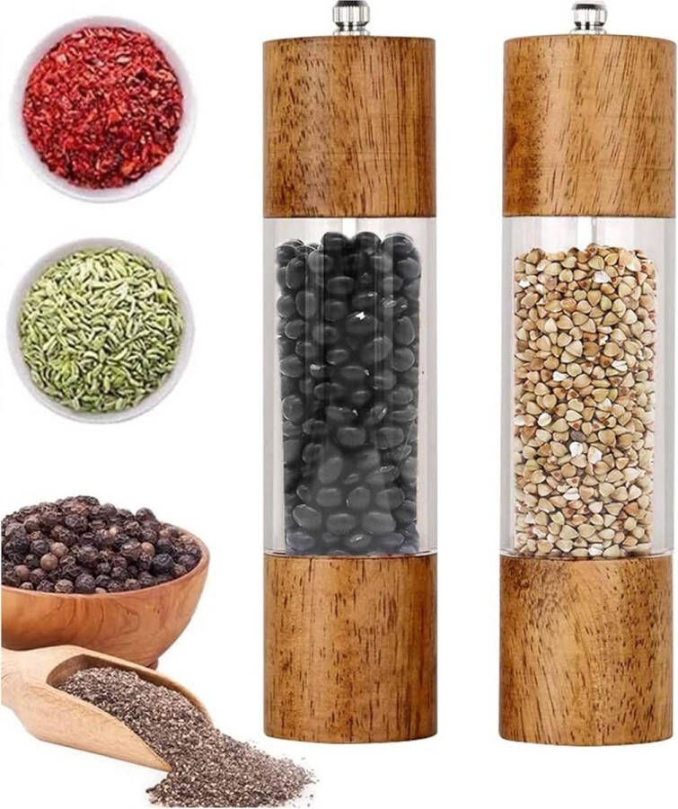 Pepermolens Houten Pepermolens met Keramisch Maalwerk Set van 2 Navulbaar Handmatige Keuken Molen voor Peper Zout en Kruiden