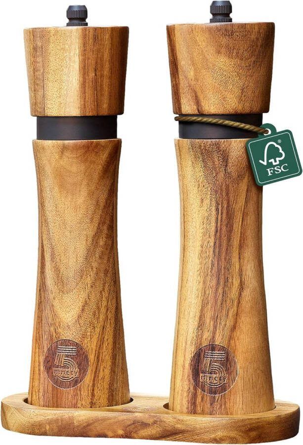 Pepermolenset van hout zout en pepermolen + onderzetter en vullepel van acaciahout kruidenmolens met keramisch maalwerk (21 cm) hoogwaardige geschenkverpakking