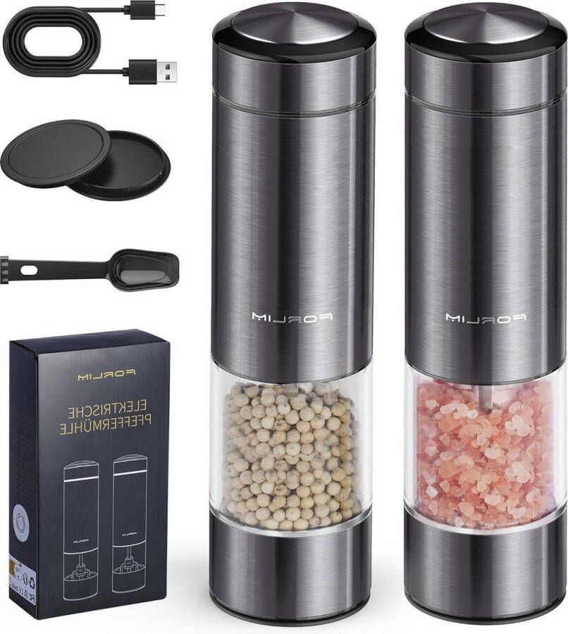 Pepper Mill Set USB Rechargeable Electric Salt and Pepper Mill with LED Light Adjustable Thickness Ceramic Grinder Stainless Steel Spice Grinder Set of 2 (Metallic Bronze)