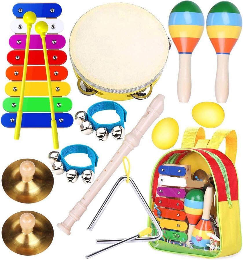 Percussie-instrumenten Set muziekspeelgoed voor peuters- Smarkids houten muziekinstrumenten voor kinderen met rugzak xylofoon fluit tamboerijn Maracas Shaker speelgoed voor kinderen
