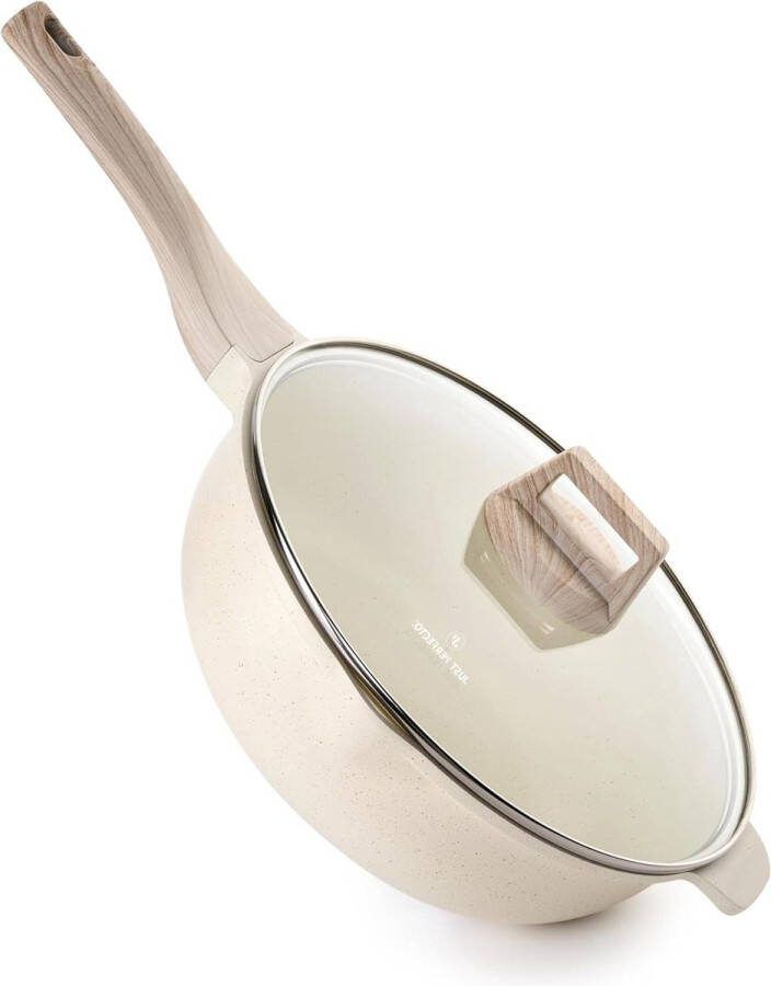 Perfecto Wokpan Met Deksel 28 Cm Anti-Aanbaklaag Diepe Braadpan Inductie Softtouch Koudgreep Beige