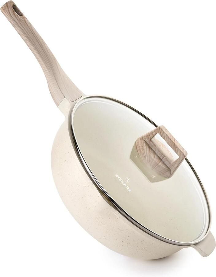 Perfecto Wokpan Met Deksel 28 Cm Diepe Braadpan Anti-Aanbaklaag Inductie Beige