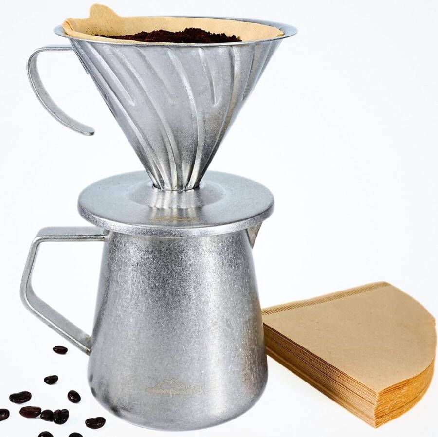 Permanente Pour Over 600 ml koffiepotset inclusief 40 papieren filters antiek handwerk van roestvrij staal