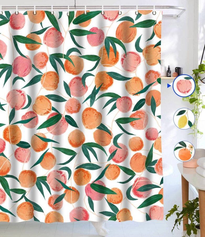 Perzik douchegordijn Allover Fruits douchegordijn mooie waterdichte stof met kleurrijk en helder ontwerp 180 x 180 cm