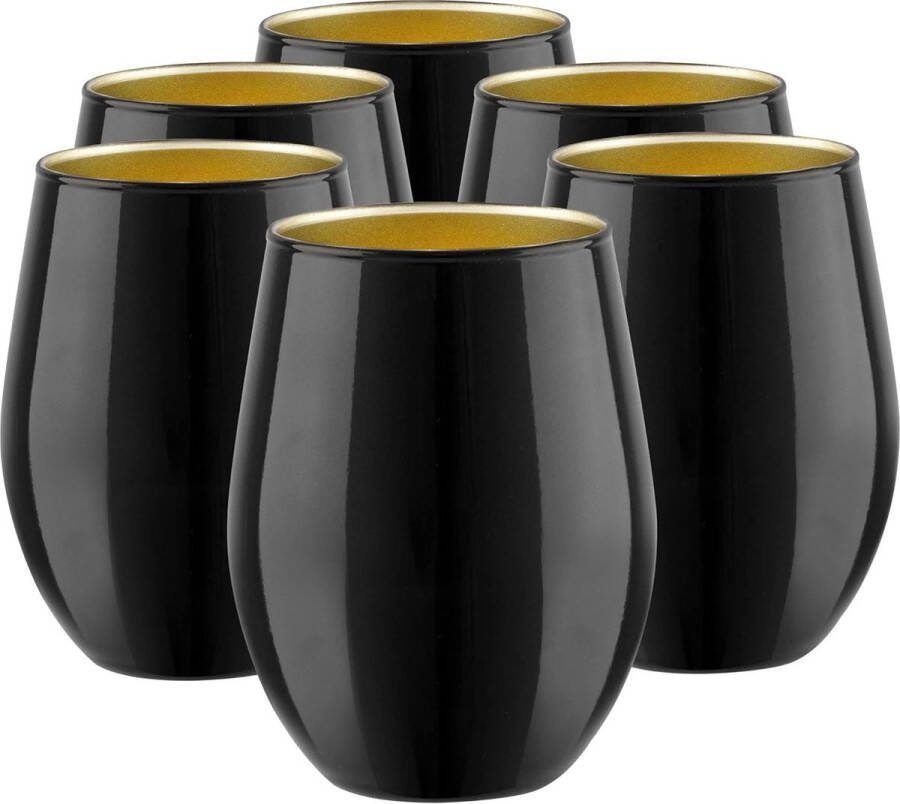 Phoebe Great Gatsby Zwarte drinkglazen set van 6 drinkglazen grote waterglazen cocktailglazen soft drinkglazen tumblers 580 ml zwart goud
