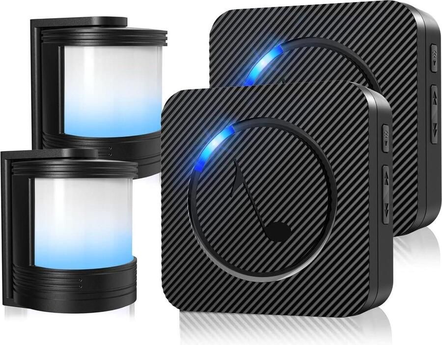 PHYSEN Bewegingsmelder alarmsysteem draadloos huisbeveiligingsalarmsysteem met 150 m bereik 58 beltonen 5 volumeniveaus led-display inclusief 2 bewegingssensoren en 2 ontvangers Opritverklikker