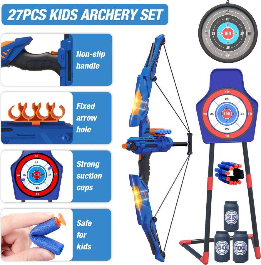 Pijl en Boog Set met Licht voor Kinderen Blauw Boogschieten Met Hangend en Staand Target Schietschijf Veilig Interactief Hand Oog Coördinatie Boogschutter Sport Set