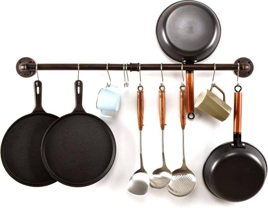 Pijppot Pannenrek Wandgemonteerd Industrieel Gebruiksvoorwerp Dekselhouder Kookgerei Hanger Keukenorganisator Hangende Barrail met S-haken (36 inch Rood Brons)