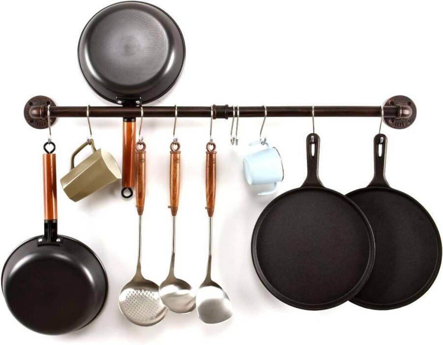 Pijppot pannenrek wandmontage industrieel dekselhouder kookgerei hanger keukenorganizer hangende barrail met S-haken (36 inch rood brons) ophangrek keukengerei