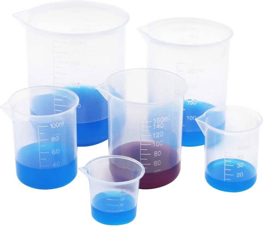 PIQIUQIU Maatbeker set kunststof 6 stuks maatbeker 25 ml 50 ml 100 ml 150 ml 250 ml 500 ml maatbeker uit PP laboratorium maatbeker met schaalmarkering (transparant)