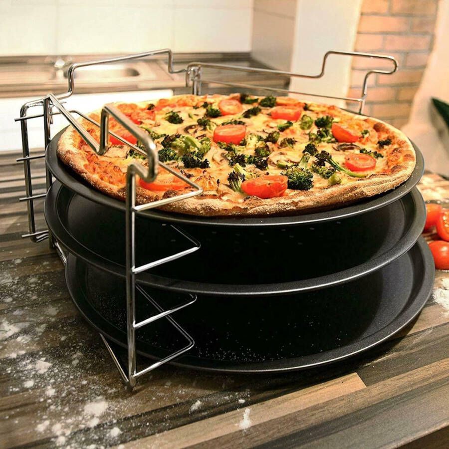 Merkloos Sans marque Decopatent Pizza Bak Set 4-Delig 3x Pizzaplaten met 1 Pizzarek Voor in Oven Pizza bakplaat rond 31 Cm 3 Stuks Pizzaplaat + Oven Standaard