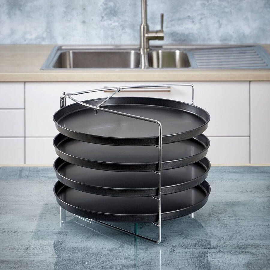Pizza bakset 5-delig met vergrendelbare standaard en 4x pizzaplaat rond 28 cm pizzarooster voor oven bak 4 pizza's tegelijk