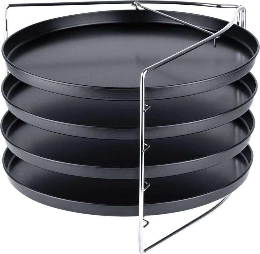 Pizza bakset 5-delig Vergrendelbare standaard 4x pizzaplaat rond 28 cm Pizzarooster voor oven Bak 4 pizza's tegelijk Grizzly pan pizza