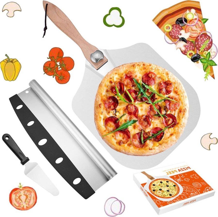 Pizza Peel Set Aluminium Paddle met Opvouwbaar Houten Handvat Voor Gemakkelijke Opslag Met Bijpassende Pizza Cutter en Kaas Schep Gourmet Luxe Draaien Peel voor Zelfgemaakte Pizza's