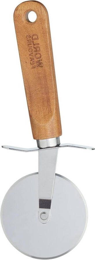 Pizza-snijder van 6 cm roestvrij staal en hout zilver en bruin afmeting: 28 x 18 x 18 cm pizzasnijder