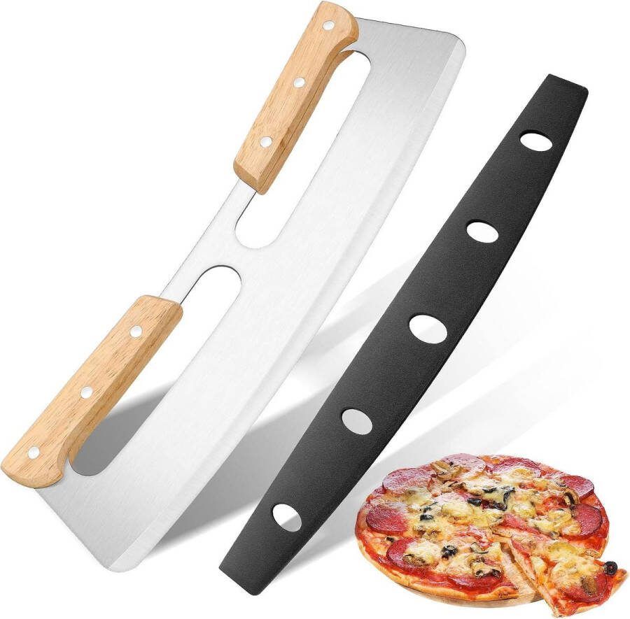 Pizza wiegmes pizzasnijder met dubbele houten handgreep pizzames van roestvrij staal met beschermhoes geschikt voor het snijden van pizza 35 cm