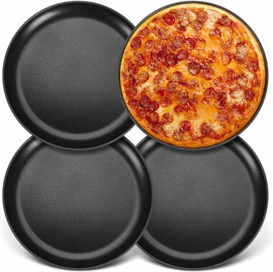 Pizzablek set van 4 diameter 26 cm roestvrij staal pizzaform met antiaanbaklaag zwart rond bakplaat ovenplaat voor bakken gezond en duurzaam gelijkmatige hitte keukengerei