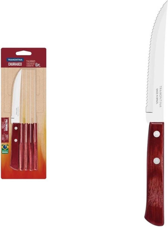 Pizzameters set 6-delig 6 steakmessen van roestvrij staal houten handvat FSC AISI 420 grenenhout echt houten handvat in rood 21 5 cm