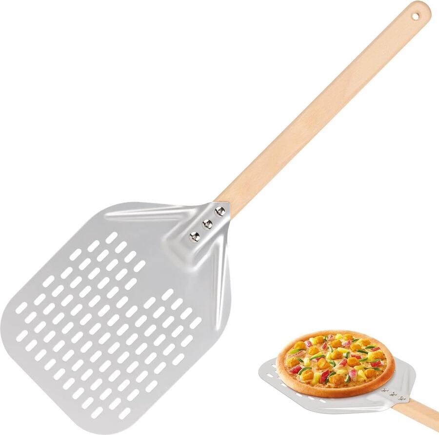Pizzaschep 12 inch geperforeerd van hard geanodiseerd aluminium met houten handvat 40 cm professionele pizzaschep voor het bakken van pizza en brood