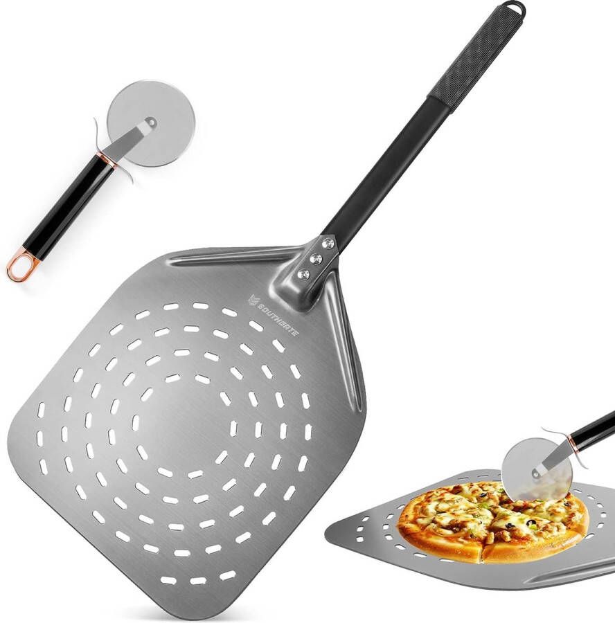 Pizzaschep en pizzasnijder set van 2 pizzaschep van hard geanodiseerd aluminium pizzaroller van roestvrij staal afneembare anti-aanbak-pizzaovenschuiver 30 x 35 cm groot pizzames 8 5 x 24 cm