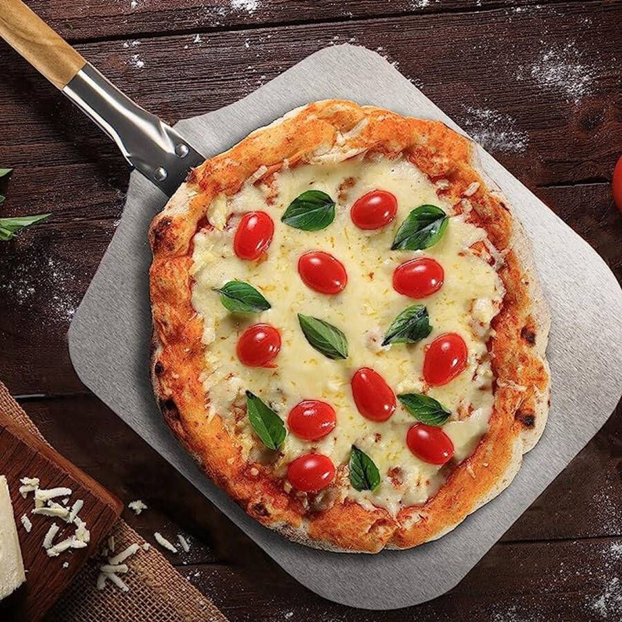 Pizzaschep van 430 roestvrij staal pizza- en cakelift met houten handvat pizzaschraper voor pizza tarte flambée en brood verwijderbare handgreep (zilverkleurig zwart hoekig)