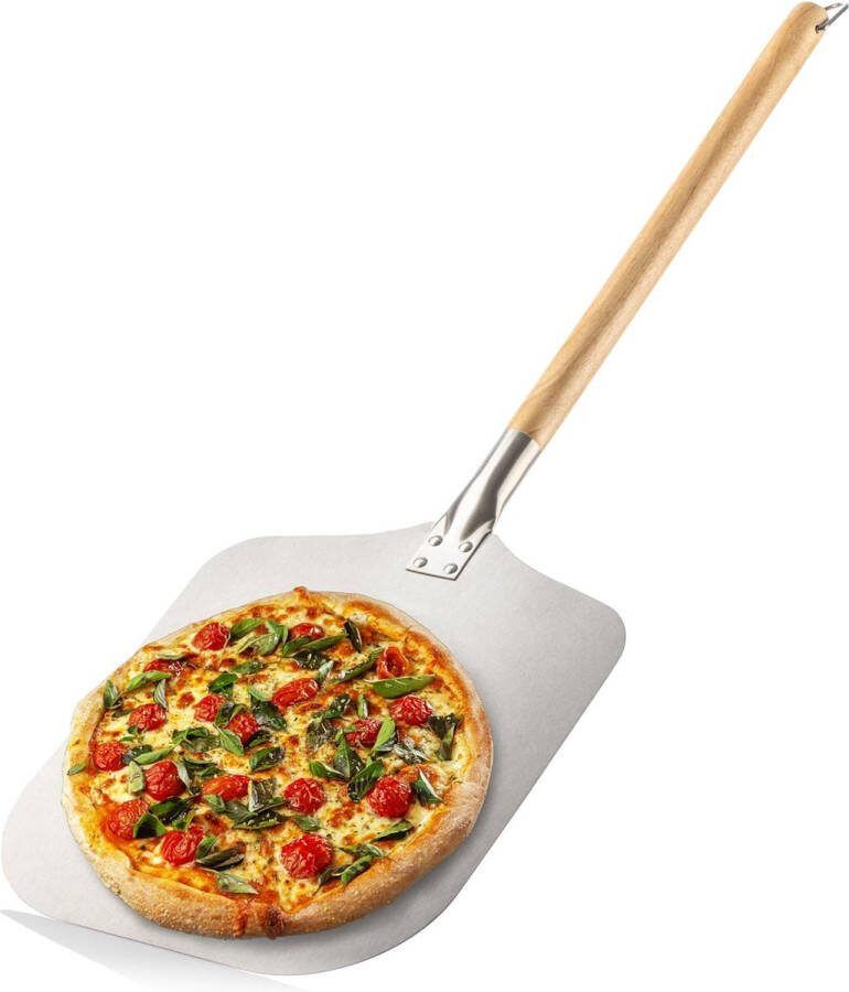 Pizzaschep van 430 roestvrij staal pizza- en taartschep met houten handvat pizzaschep voor pizza tarte flambée broodjes en brood afneembare handgreep (bruin zilver vierkant)