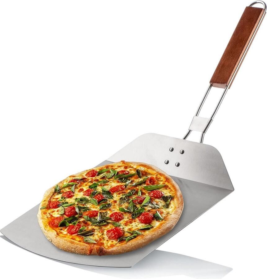 Pizzaschep van roestvrij staal 430 pizza- en taartschep met houten handvat pizzaschep voor pizza tarte flambée broodjes en brood inklapbare handgreep (zilver bruin vierkant)