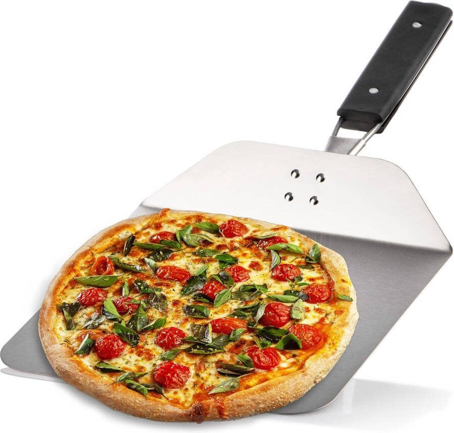 Pizzaschep van roestvrij staal 430 pizza- en taartschep met houten handvat pizzaschuif voor pizza broodjes en brood inklapbare handgreep (zilverkleurig zwart vierkant)