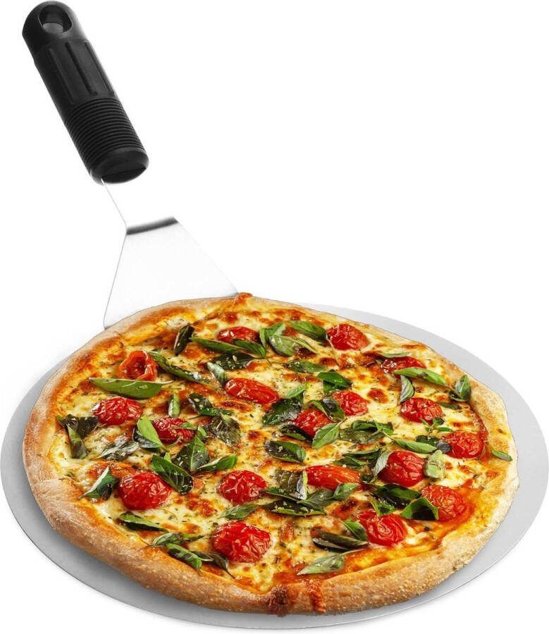 Pizzaschep van roestvrij staal met kunststof handvat voor pizza tarte flambée en brood zilver zwart rond Pizzaschep