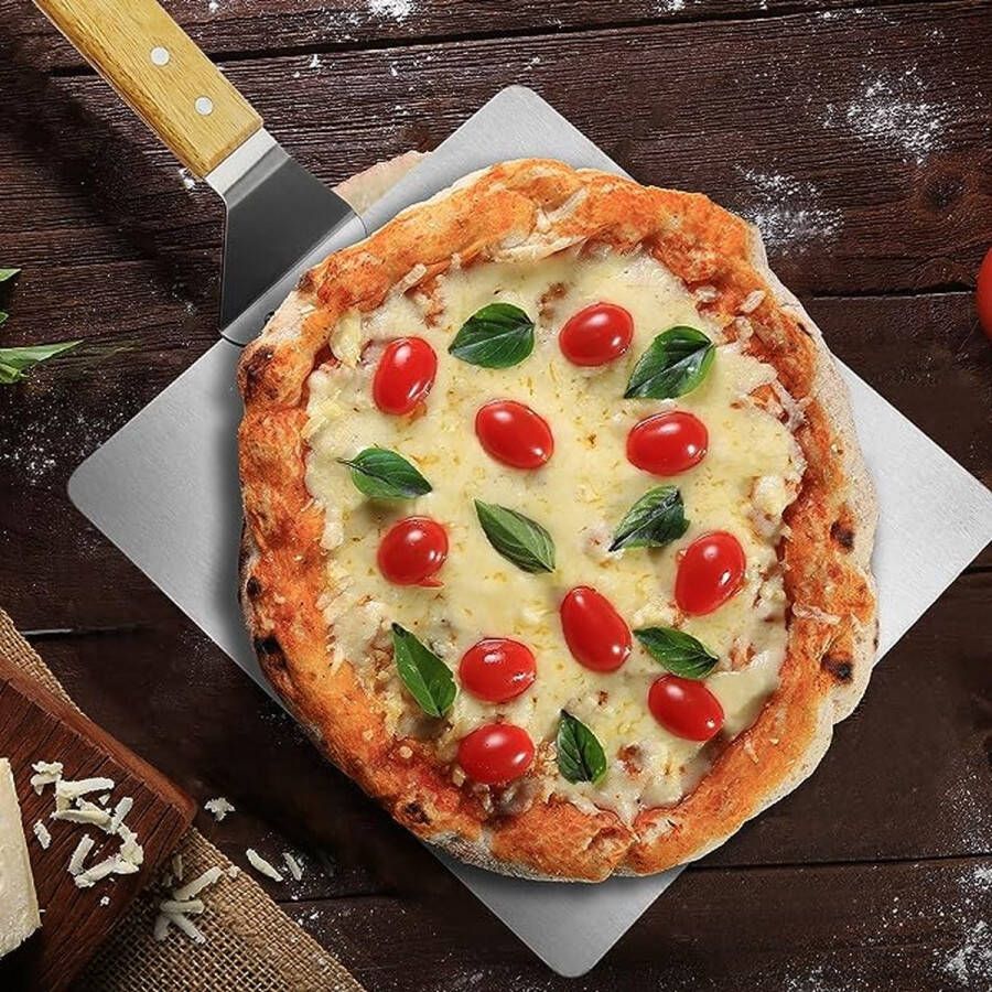 Pizzaschep van roestvrij staal pizza- en cakeschep met houten handvat pizzaschuiver voor pizza tarte flambée broodjes en brood (zilver bruin hoekig)