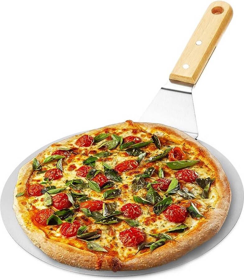 Pizzaschep van roestvrij staal pizza- en cakeschep met houten handvat ronde pizzaduwer voor pizza tarte flambée en brood (bruin zilverkleurig rond)