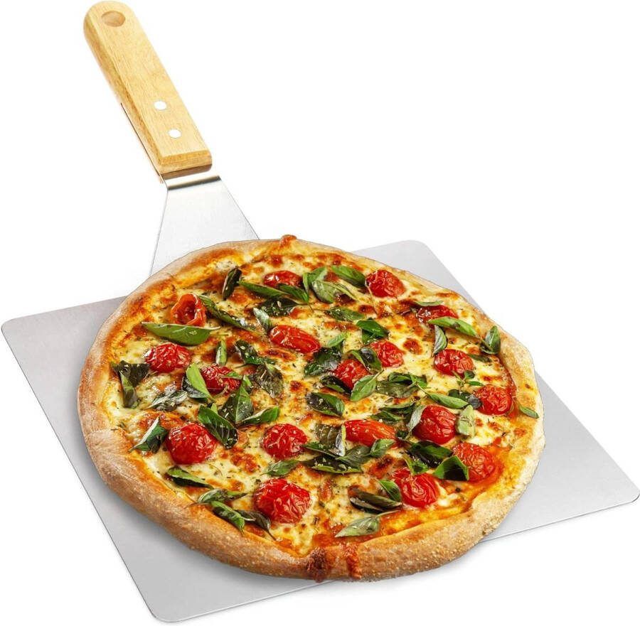 Pizzaschep van roestvrij staal pizza- en cakeschep met houten handvat voor pizza tarte flambée broodjes en brood (zilver bruin hoekig)