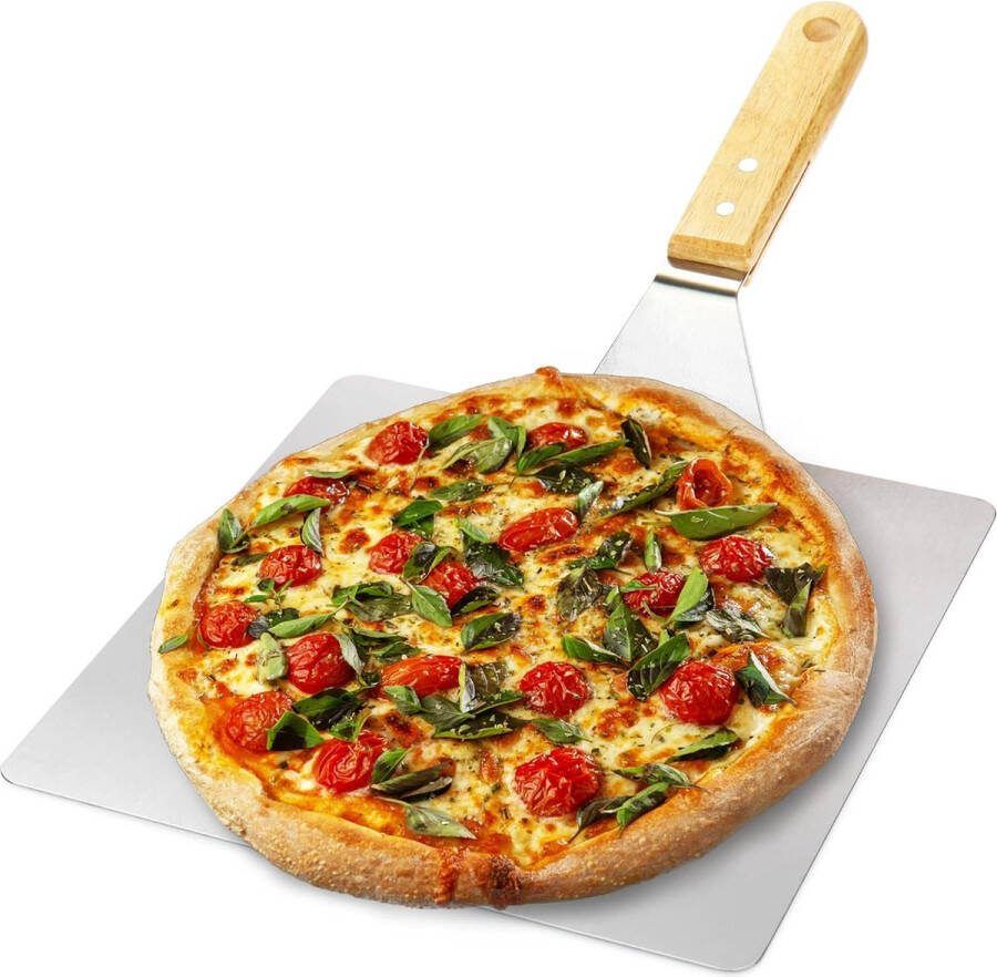 Pizzaschep van roestvrij staal pizza- en taartschep met houten handvat pizzaschuiver voor pizza Flammkuchen broodjes en brood (zilverkleurig bruin vierkant)