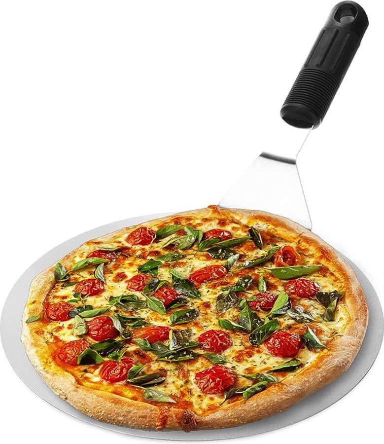 Pizzaschep van roestvrij staal pizza- en taartschep met kunststof handvat ronde pizzaschep voor pizza tarte flambée en brood (zilver zwart rond)