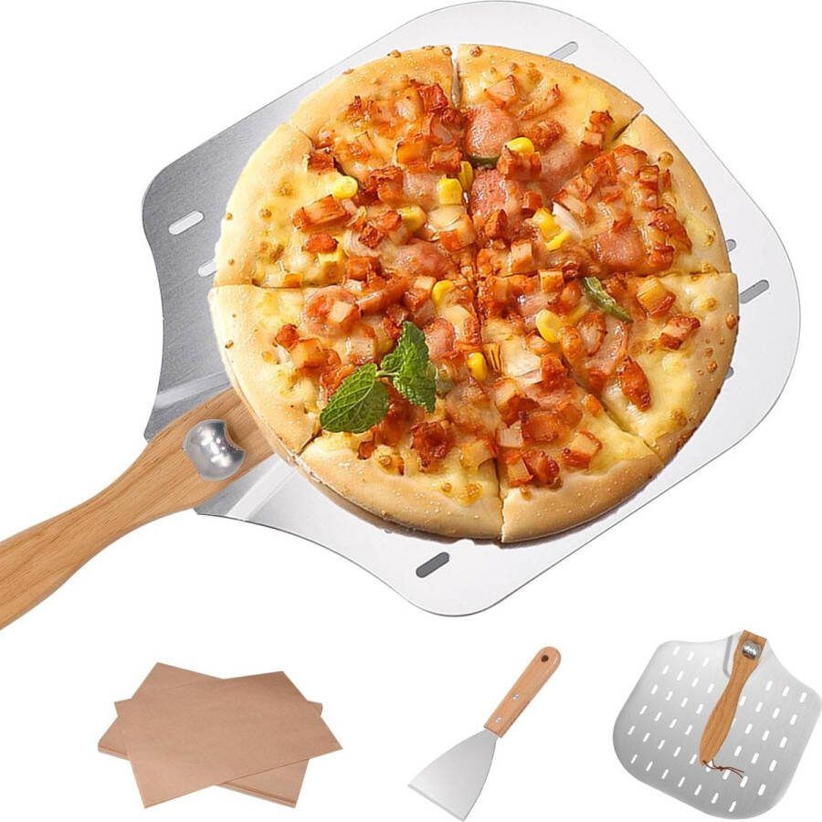 Pizzascheppen pizzaspatel pizzaschep van aluminium en eikenhout pizza-accessoires (1 x pizzaschep met inklapbare handgreep + 1 x driehoekige spatel + 20 x bakpapier) voor grote pizza