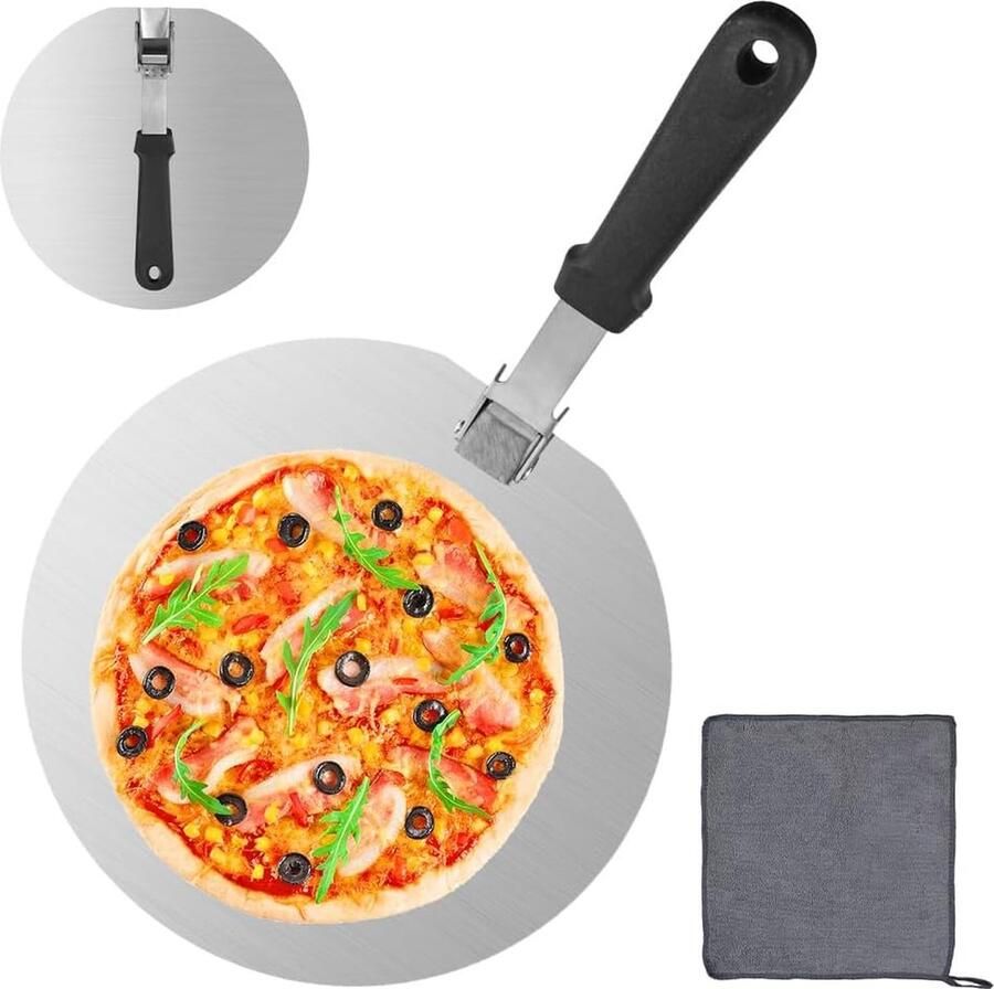 Pizzaschuiver roestvrij staal diameter 25 cm pizzaschep inklapbaar houten handvat pizzaschep schuiver geperforeerde pizzaschep met poetsdoek voor pizza Flammkuchen brood