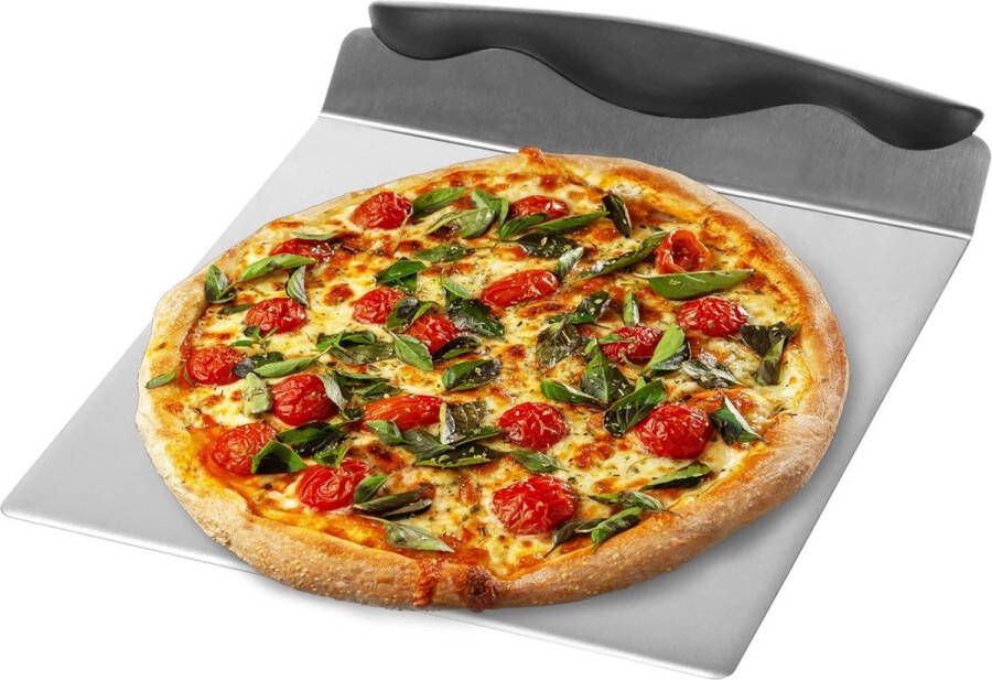 Pizzaschuiver van roestvrij staal taartplateau met kunststof handvat taart- en pizzaschep met 20 5 x 20 5 cm (zwart zilverkleurig hoekig)