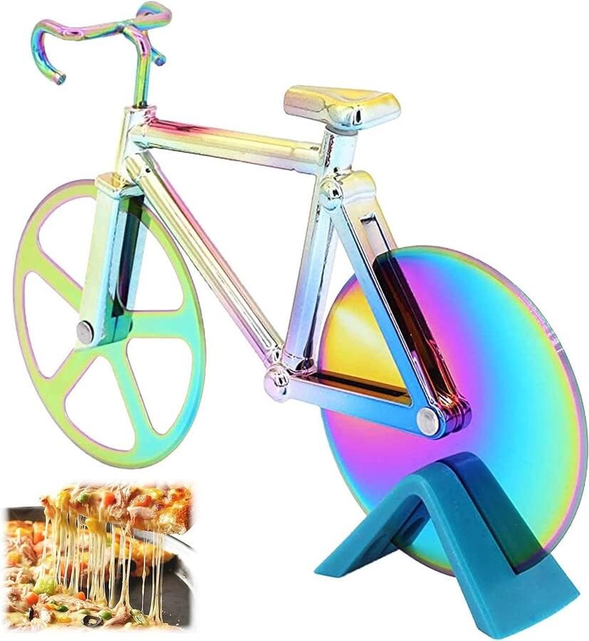 Pizzasnijder fiets grappig creatief pizzawiel van roestvrij staal met standaard hoogwaardige pizzasnijder voor pizza wafels pannenkoeken pizzasnijder